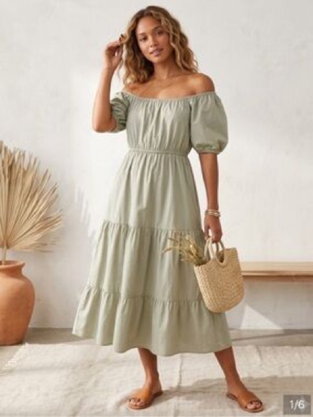 Off-Shoulder Sage Green Tiered Midi Dress with Puff Sleeves